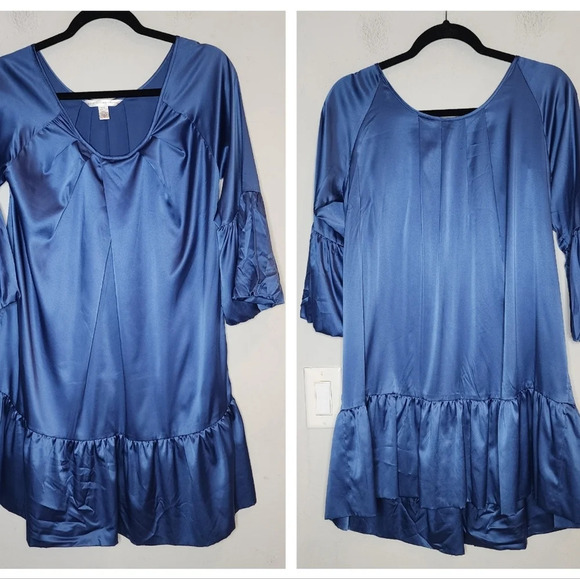 Diane Von Furstenberg Silk Blue Mini Dress Size 4 Ruffle Hem Bubble Sleeves - Picture 8 of 16